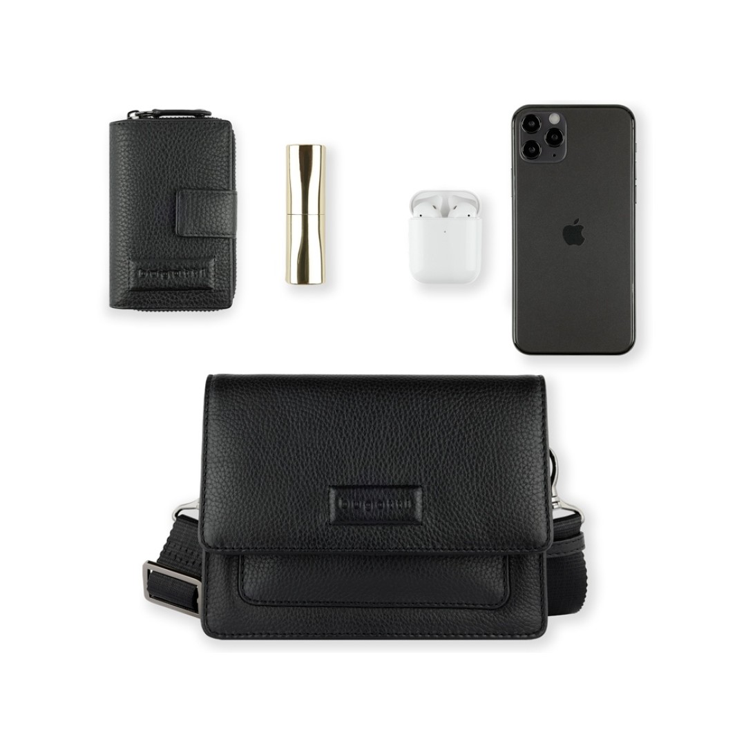 Сумка через плечо женская BUGATTI Elsa, чёрная, воловья кожа/полиэстер, 18,5х8,5х14,5 см