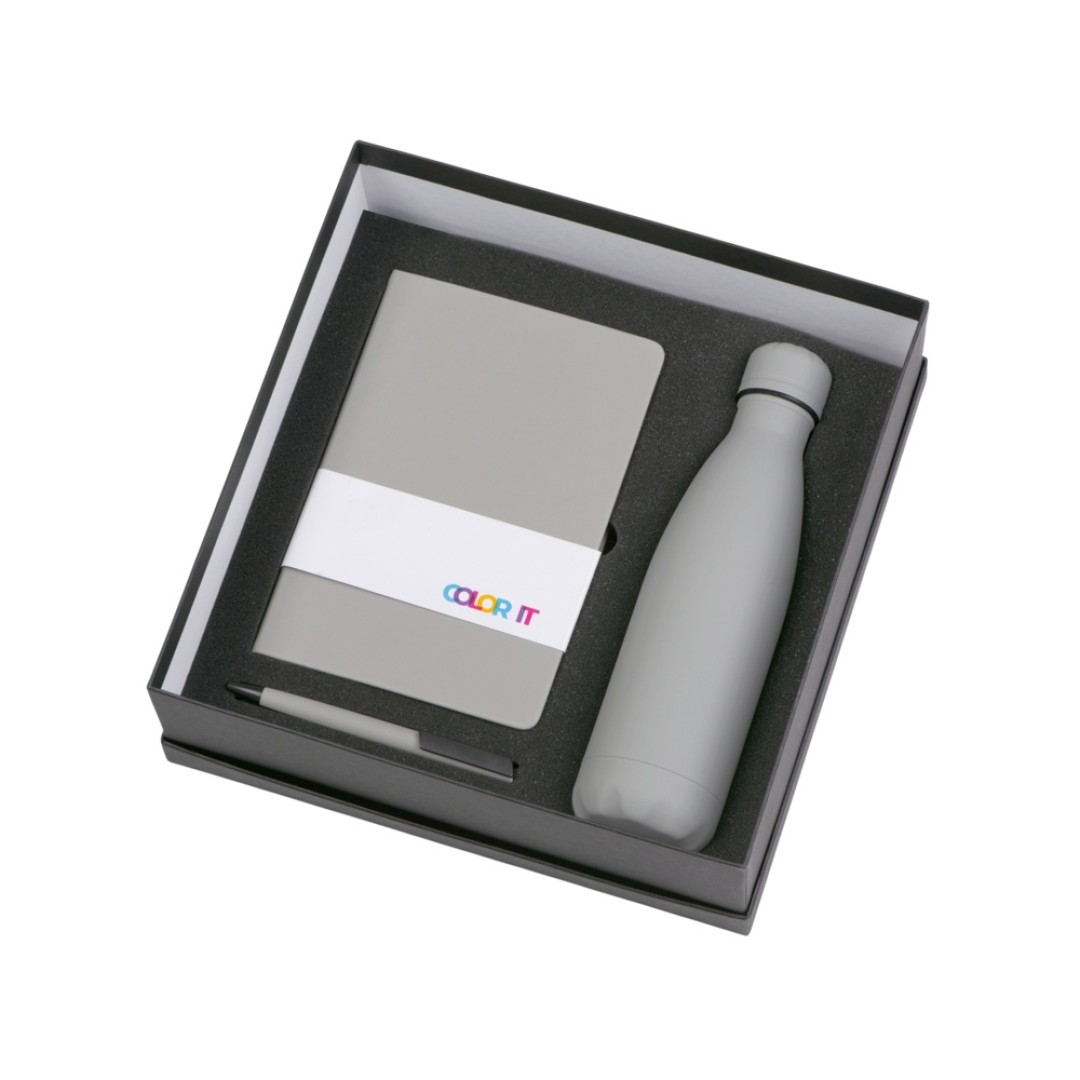 Подарочный набор c блокнотом C2, ручкой и термобутылкой, серый