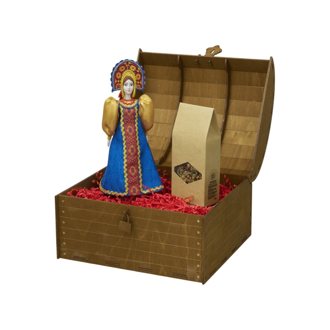 Подарочный набор: кукла фарфоровая, чай "Малина с мятой", синий