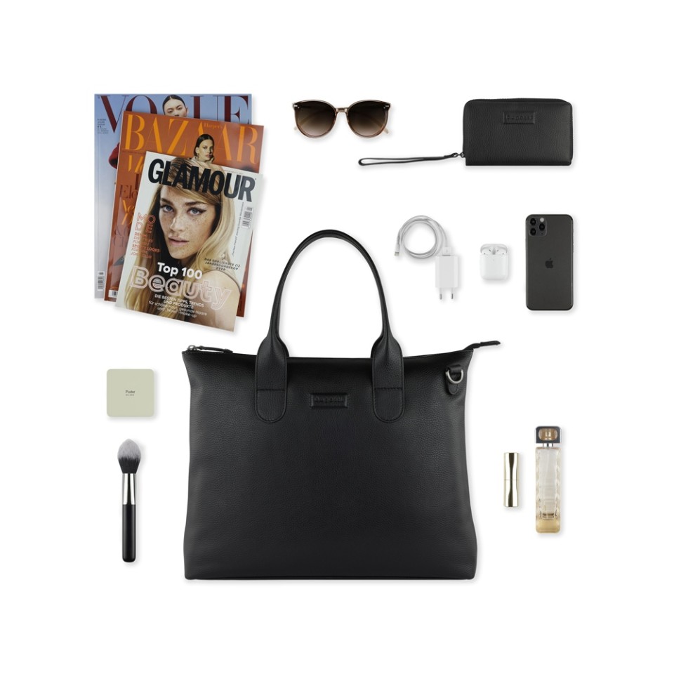 Сумка-шоппер BUGATTI Elsa, чёрная, воловья кожа/полиэстер, 46х11х31,5 см