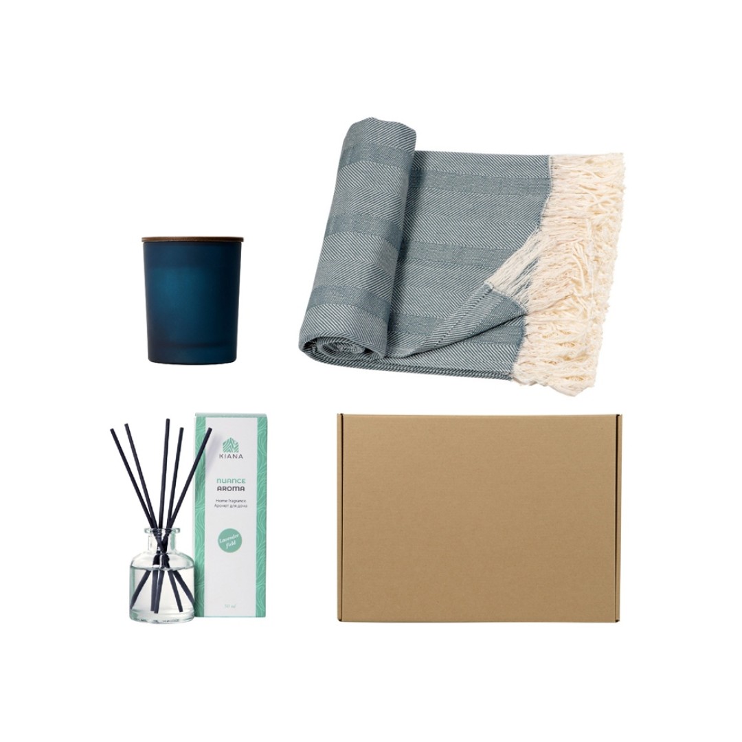Подарочный набор с пледом, свечой и диффузором, синий