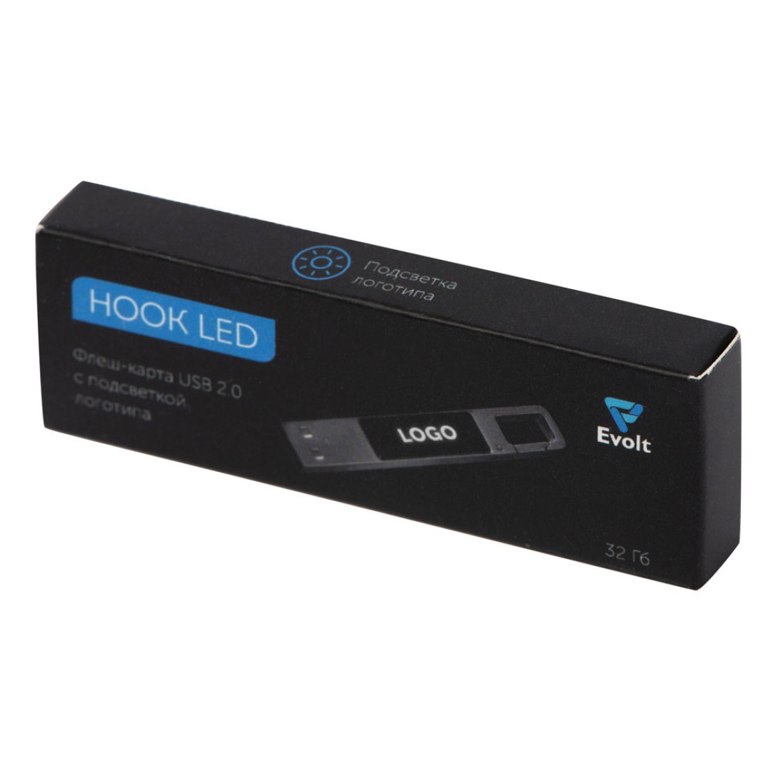USB 2.0- флешка на 32 Гб c подсветкой логотипа «Hook LED», темно-серый, белая подсветка