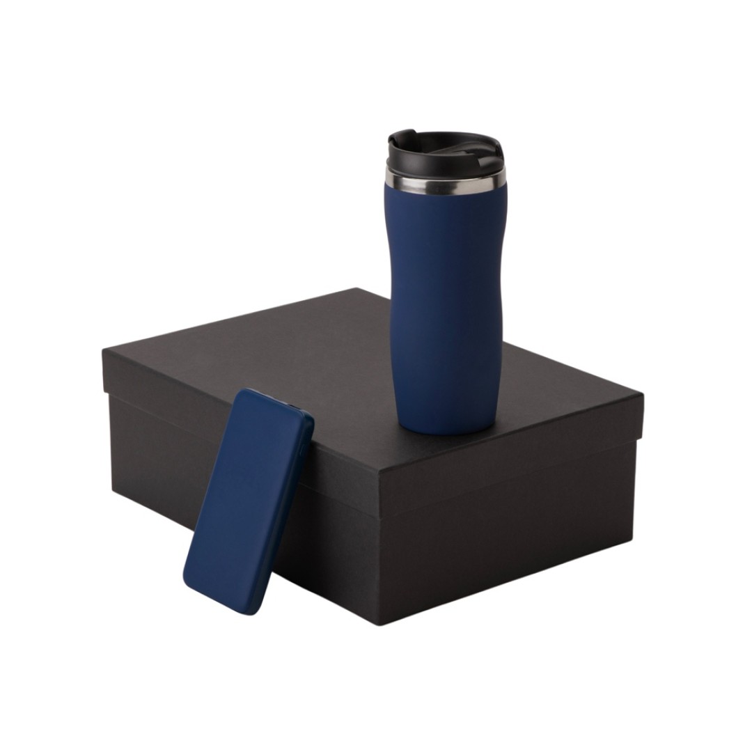 Подарочный набор c термокружкой С1 и повербанком С2, темно-синий