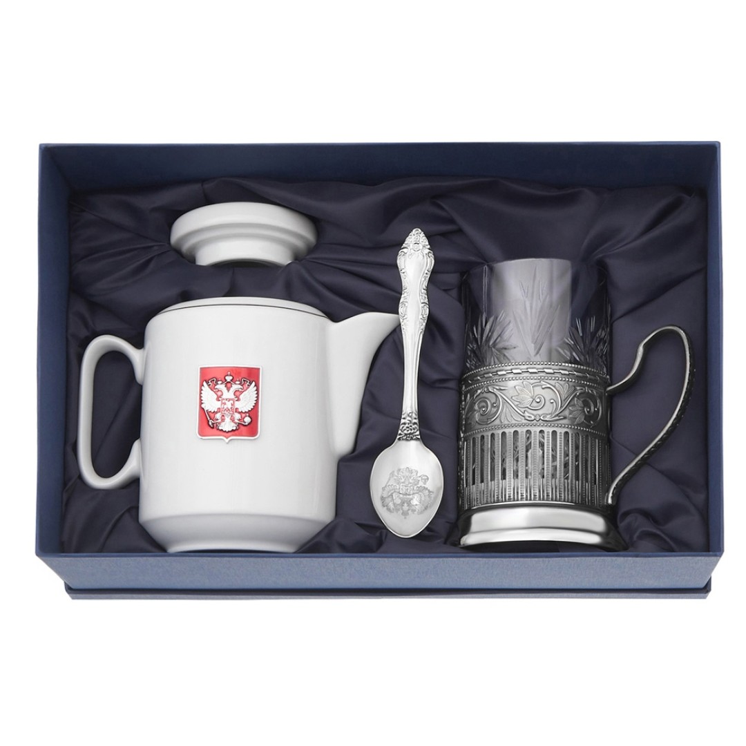 Чайный набор с подстаканником и фарфоровым чайником «ЭГОИСТ-М», серебристый/белый