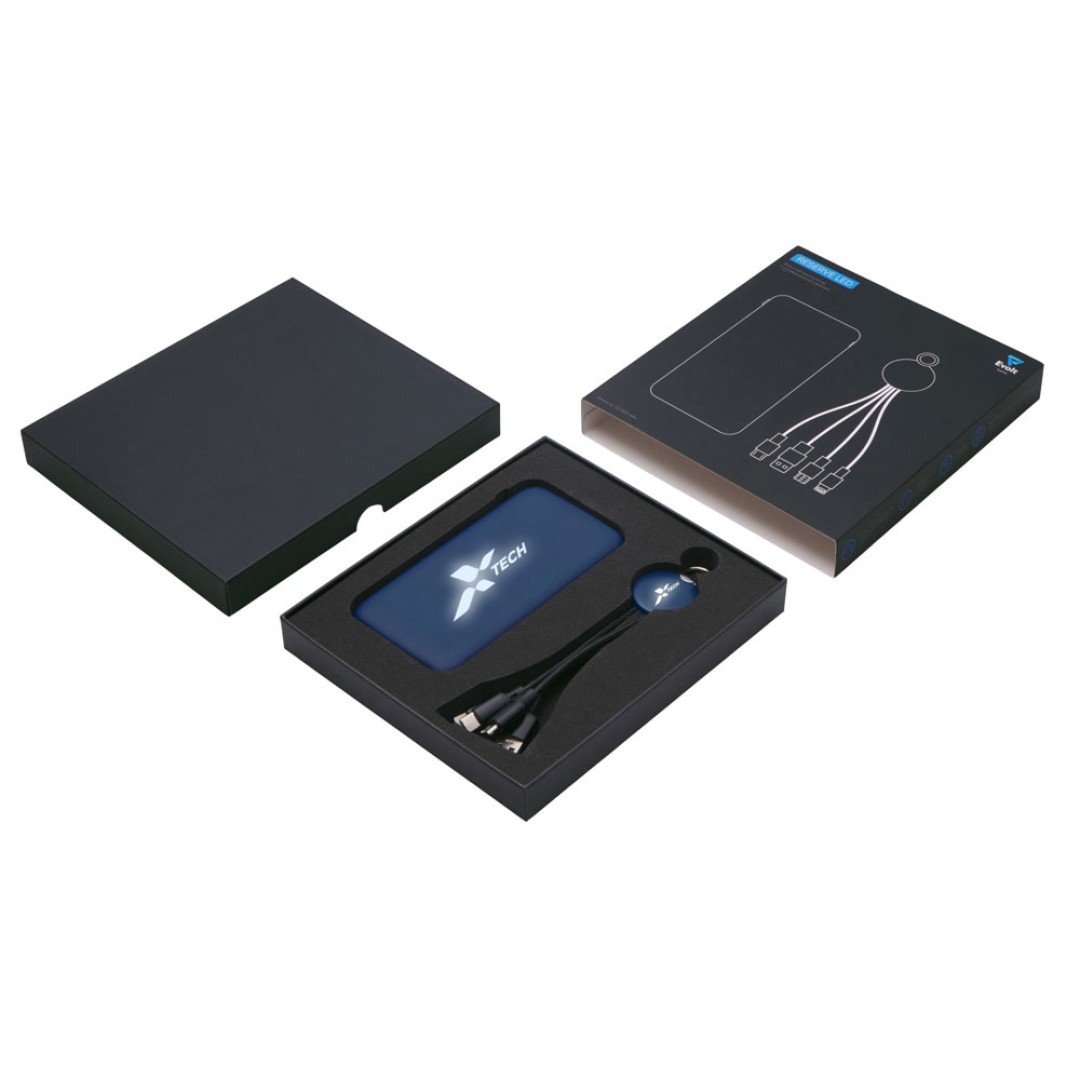 Набор из внешнего акуумулятора и универсального кабеля с подсветкой лого «Reserve LED», 10000mAh, темно-синий