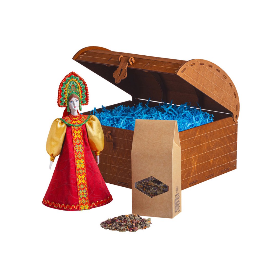 Подарочный набор: кукла фарфоровая, чай "Малина с мятой", красный