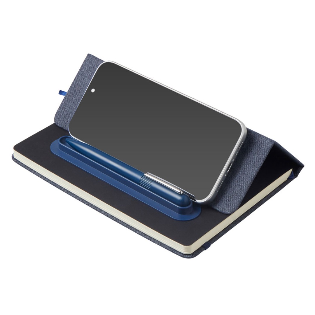 Набор блокнот А5 с магнитным держателем для ручки и подставкой для телефона и металлической шариковой ручкой "NotaBene", темно-синий