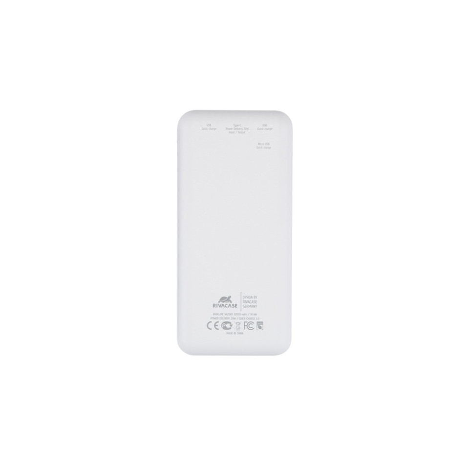 RIVACASE VA2580 (20 000mAh), QC/PD 20W внешний аккумулятор с дисплеем, белый /24