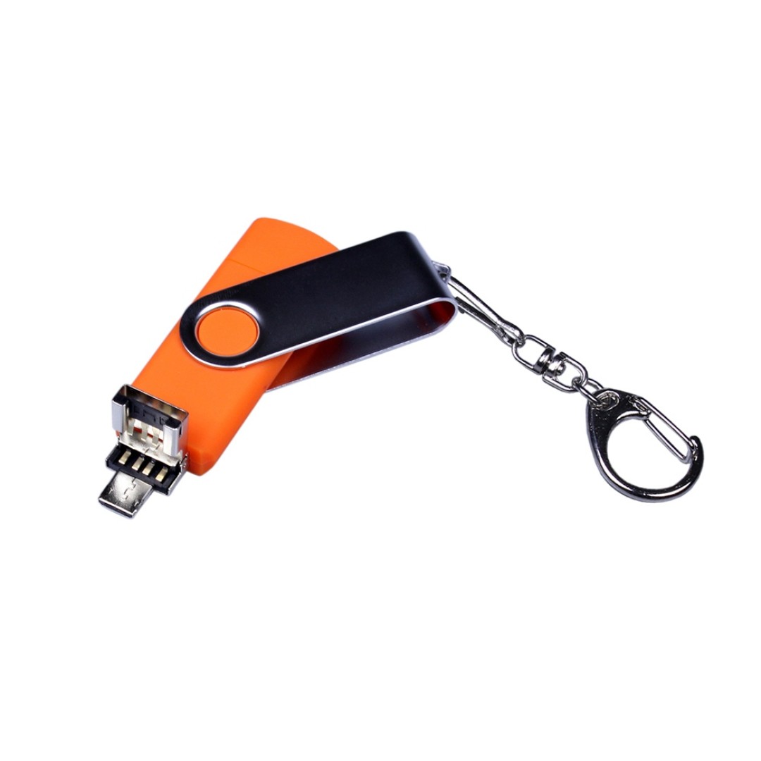 USB-флешка на 64 ГБ поворотный механизм, c двумя дополнительными разъемами MicroUSB и TypeC, оранжевый