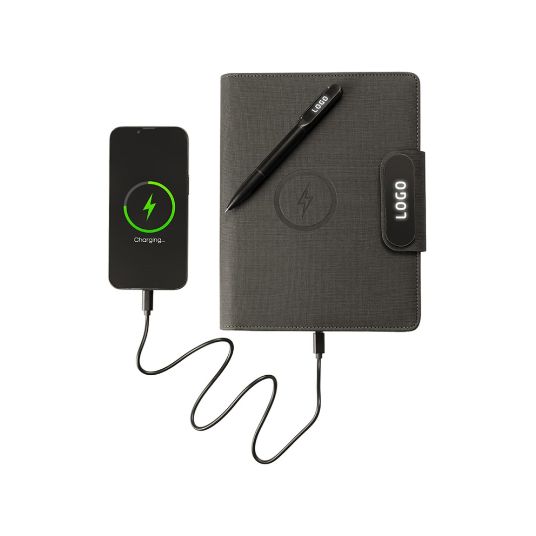 Подарочный набор металлическая ручка и блокнот А5 "Twilight"  со светящимся логотипом и пауэрбэнком