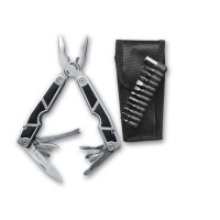 Мультитул Stinger, 115x45 мм, 10 функций, сталь/пластик, жёлто-чёрный, 12 насадок и нейлоновый чехол