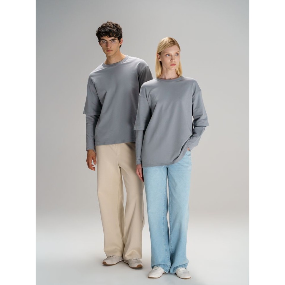 Футболка оверсайз с двойным рукавом Kosmos, светло-серая, размер XS/S