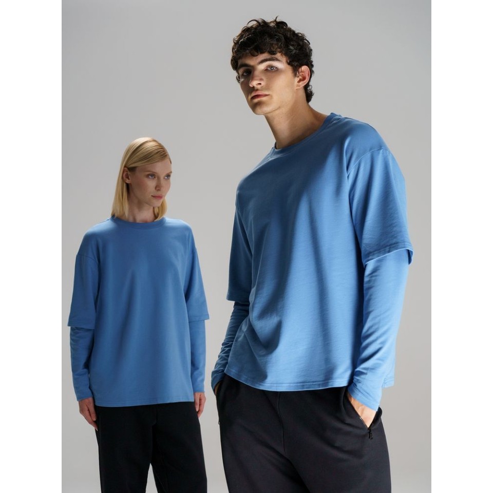 Футболка оверсайз с двойным рукавом Kosmos, синяя, размер XS/S