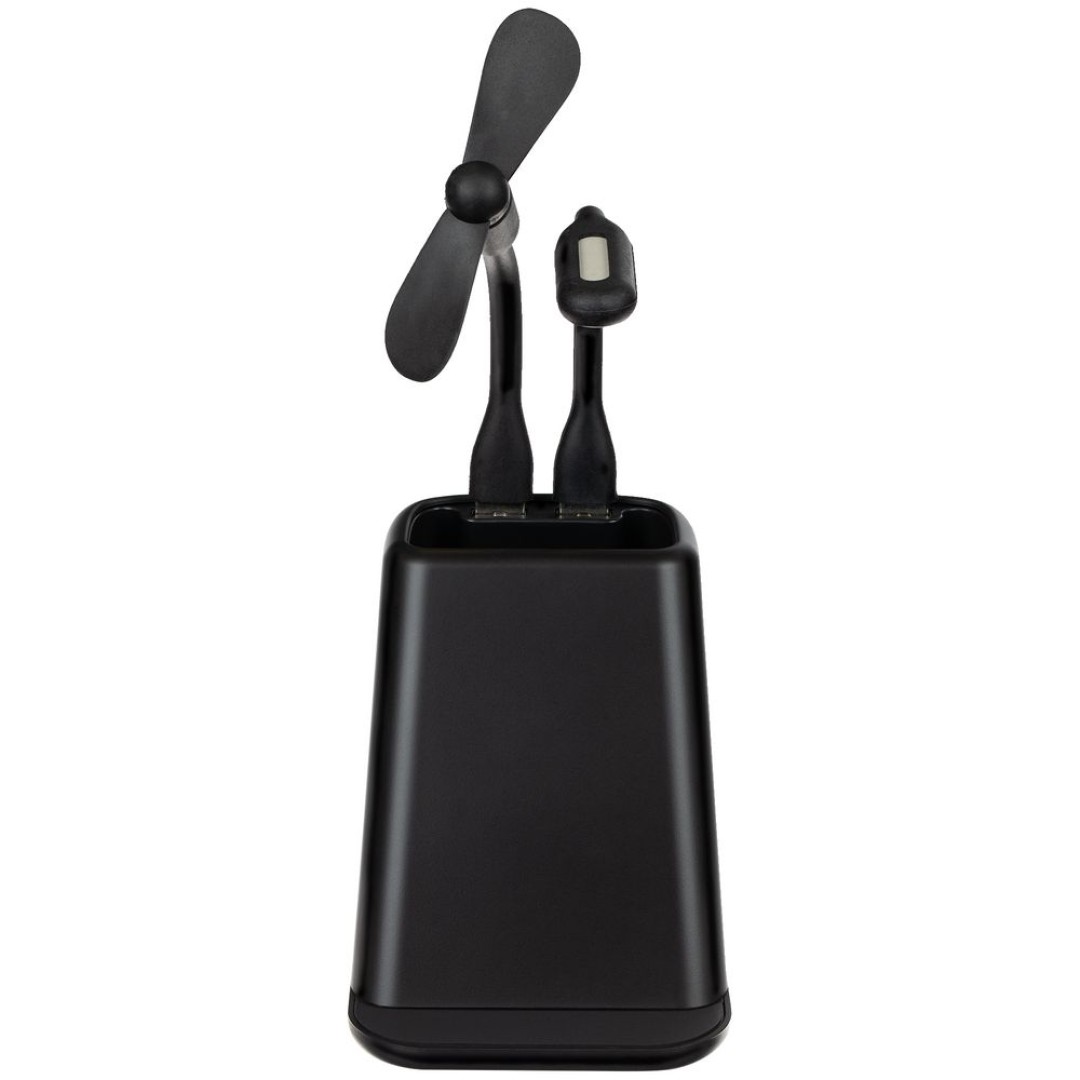 Настольный органайзер с зарядкой, лампой, вентилятором и подсветкой логотипа powerTower, черный