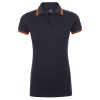 Рубашка поло женская Pasadena Women 200 с контрастной отделкой, темно-синяя (navy) с неоново-оранжевым, L