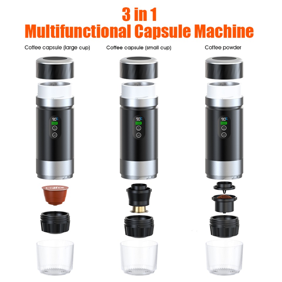 Портативная кофемашина Espresso с поддержкой капсул и молотого кофе, 20 бар, 2500 мАч, металлический черный