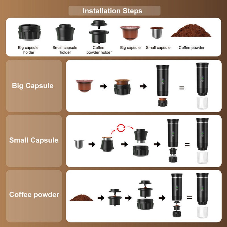 Портативная кофемашина Espresso KF-JN-02PRO2.0 с поддержкой капсул и молотого кофе, 20 бар, 150 мл, 2500 мАч*3, металлический серебристый
