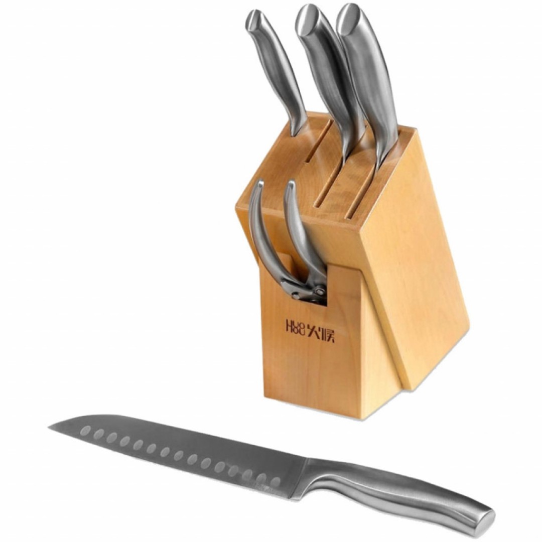 Набор стальных ножей Xiaomi Huo Hou 6-Piece Stainless Steel Kitchen Knife Set (4 ножа + ножницы + подставка) (HU0014)
