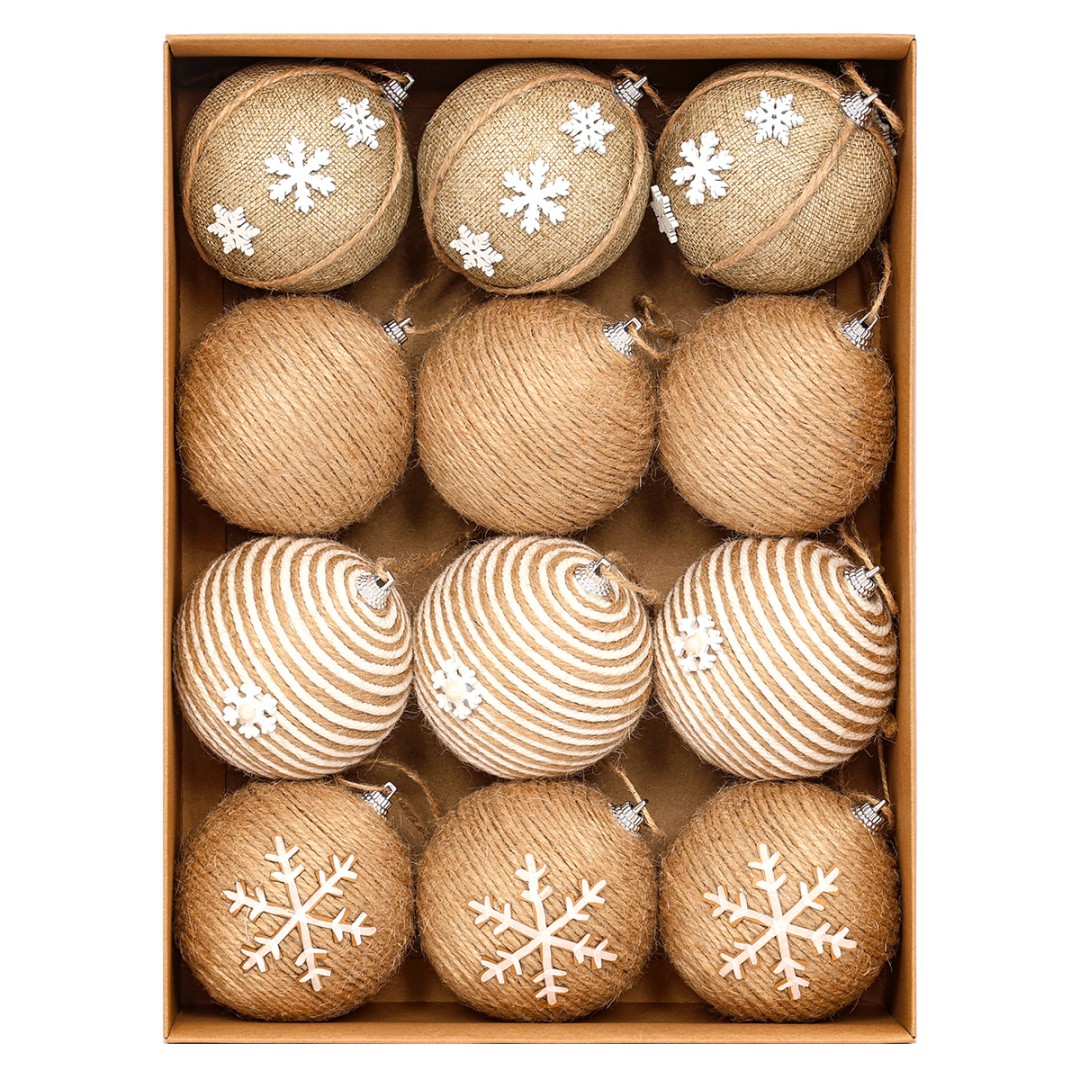 Елочный шар из джута и хлопка с бусинами, 8 см