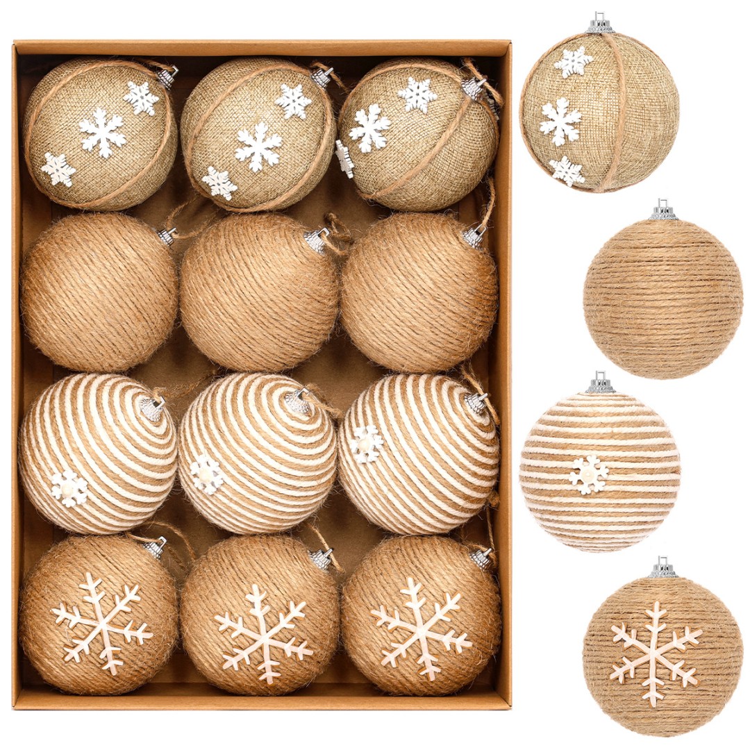 Елочный шар из джута и хлопка с бусинами, 8 см