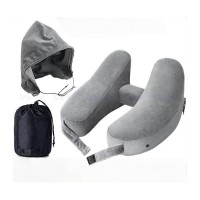 Надувная H‑образная подушка для шеи на липучке, с капюшоном и сумочкой-переноской, серая