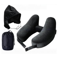 Надувная H‑образная подушка для шеи на липучке, с капюшоном и сумочкой-переноской, черная