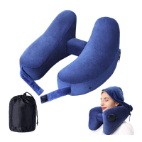 Надувная H‑образная подушка для шеи на липучке, с капюшоном и сумочкой-переноской, синяя