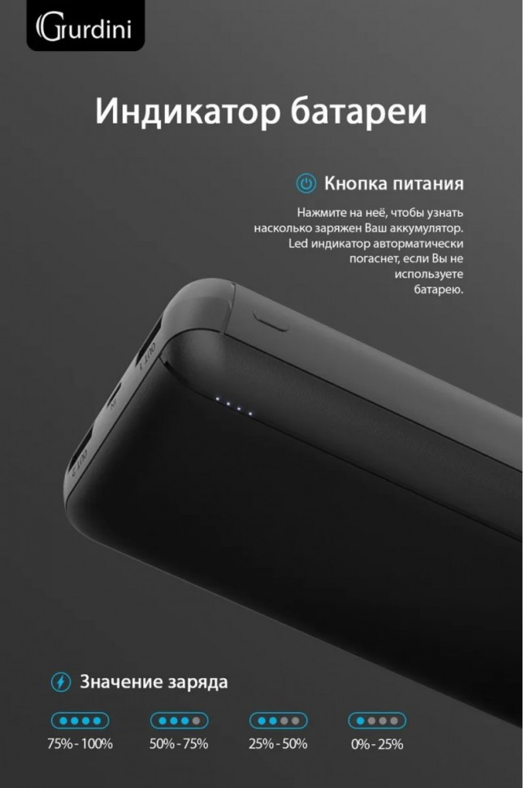 Внешний аккумулятор Gurdini Business Series 20000 mAh, Black (GPBS-02)