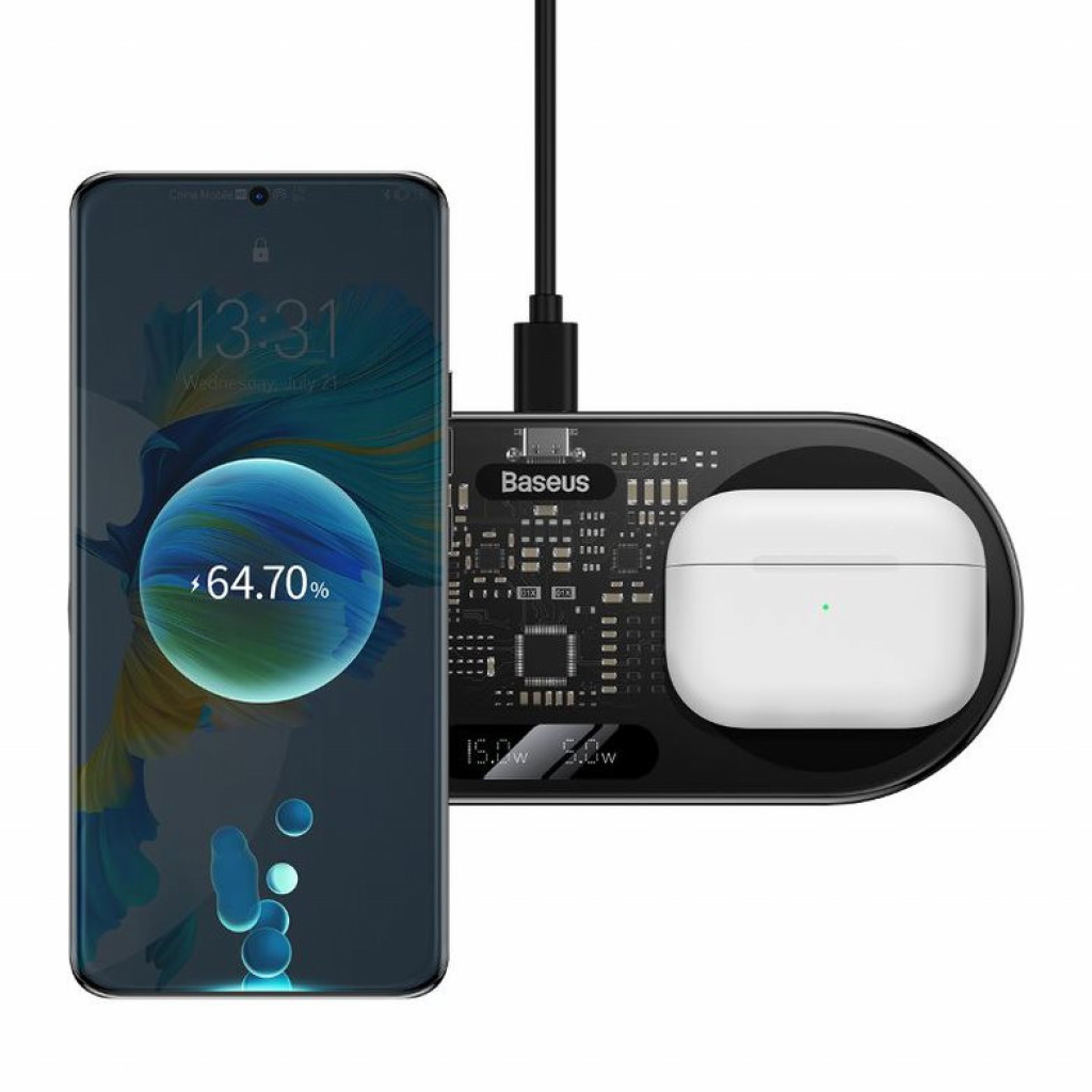 Беспроводное зарядное устройство 2 в 1 Baseus Digital LED Display 2 in 1 Wireless Charger 20W Black (WXSX010101)