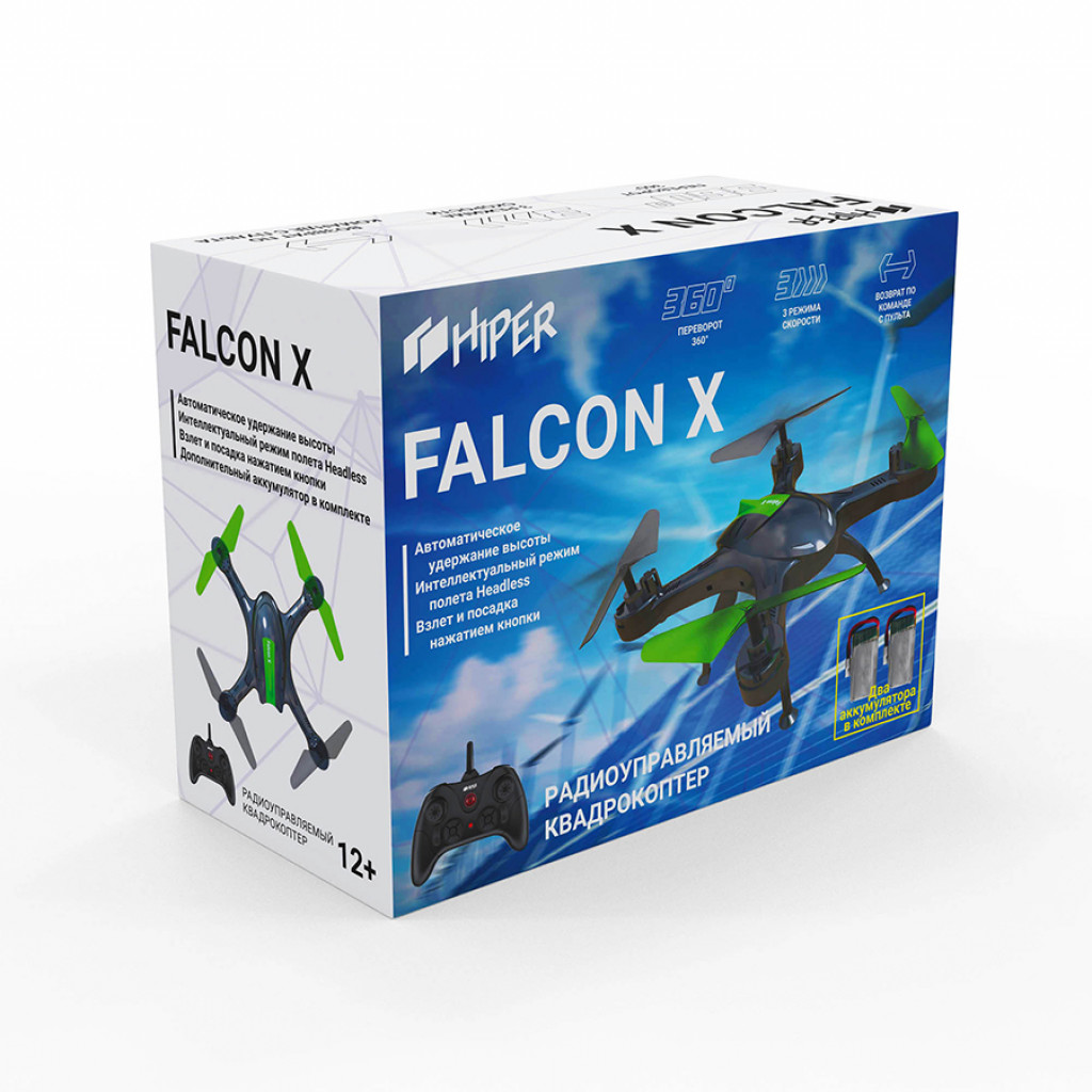 Квадрокоптер радиоуправляемый HIPER FALCON X, черный с зеленым