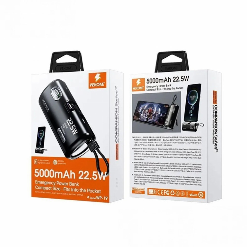 Внешний аккумулятор WEKOME Power Bank 5000mAh Companion Series 22.5W Super Fast Charging Emergency (WP-19) Внешний аккумулятор WEKOME Power Bank 5000mAh Companion Series 22.5W Super Fast Charging Emergency (WP-19)